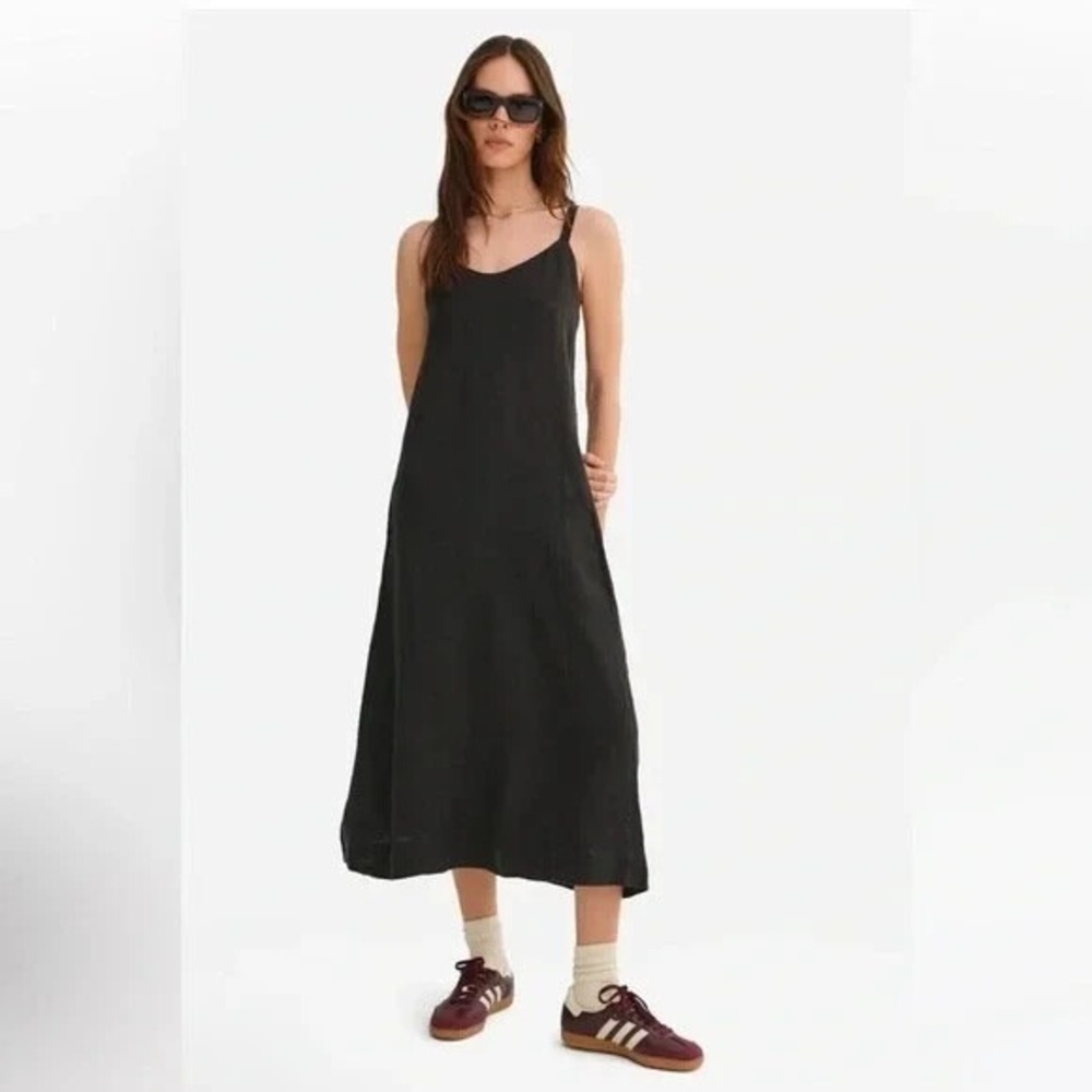 MATE the Label Black 100% Linen V-Neck Midi Slip Dress Large